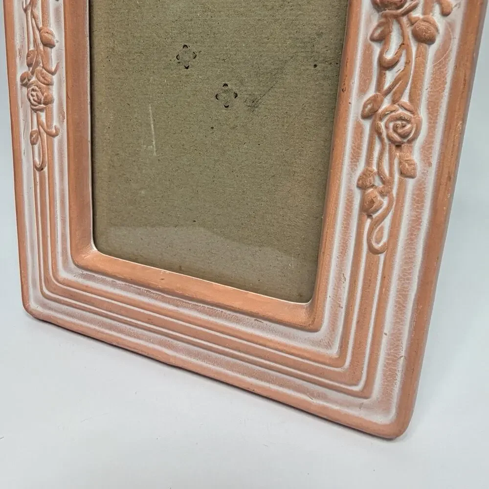 Vtg 1990s Whitewashed Terracotta Hear Rose Ceramic Picture Frame 4.25 x 6.25